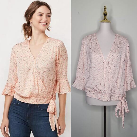 LC Lauren Conrad Sz L Pink‎ Sorbet Animal Dots Pretty Wrap Top Coquette Romantic - Picture 1 of 9